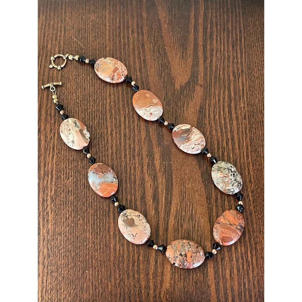 Vintage Red Jasper beaded necklace with‎ Black Glass and Copper Beads